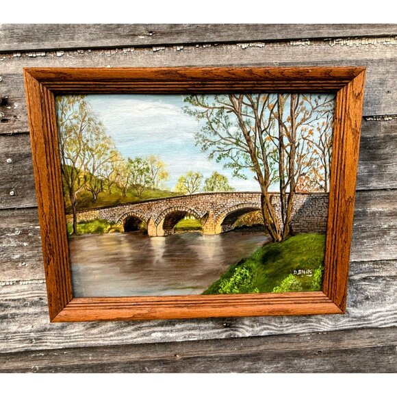 Vintage 70's Acrylic Framed Painting Stone Bridge Over a River 20x16" - Picture 1 of 9